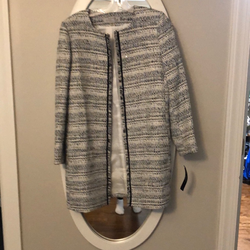 Tahari wool coat. Blue black and white stripe. Dry clean.